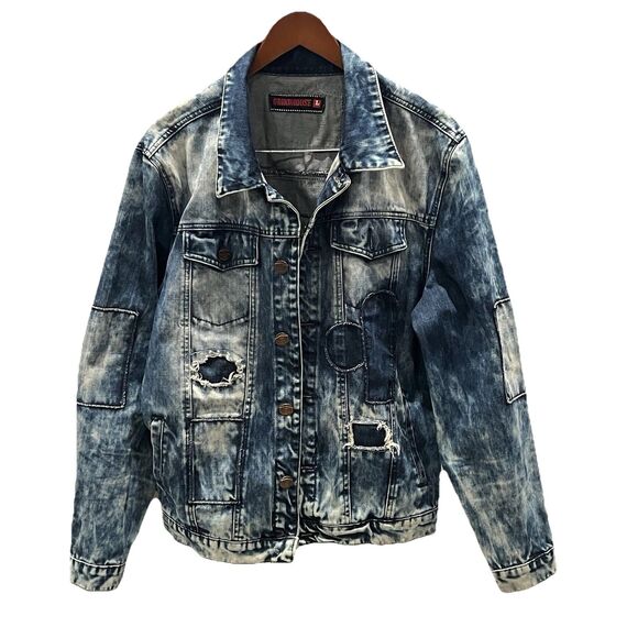 Grindhouse Denim Jacket Mens L Distressed Graffiti Paint Splatter Skull Street - Picture 2 of 12